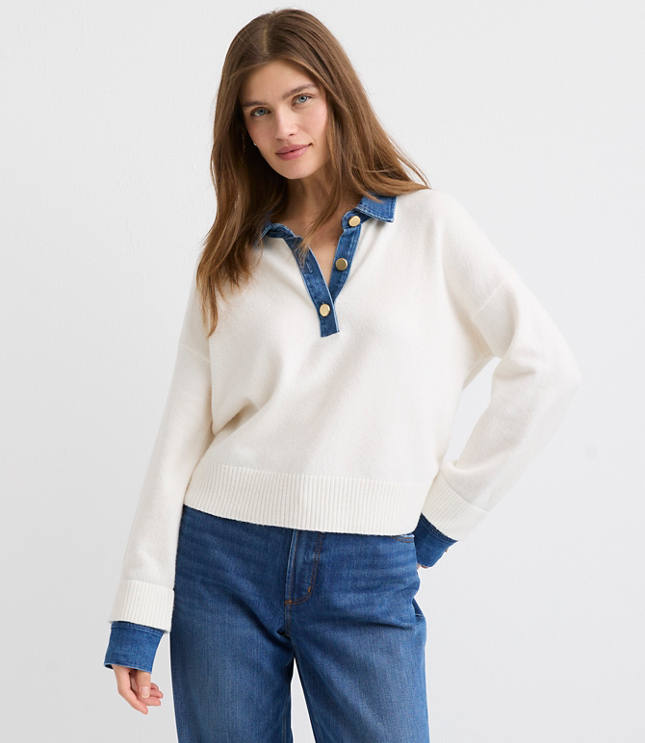 Petite Denim Trim Henley Sweater