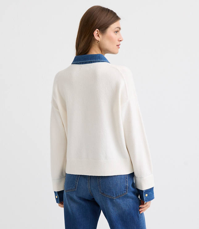Petite Denim Trim Henley Sweater