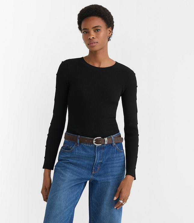 Petite Button Sleeve Ribbed Sweater