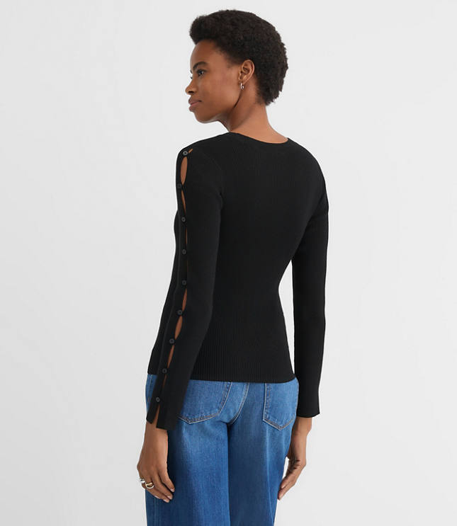 Petite Button Sleeve Ribbed Sweater