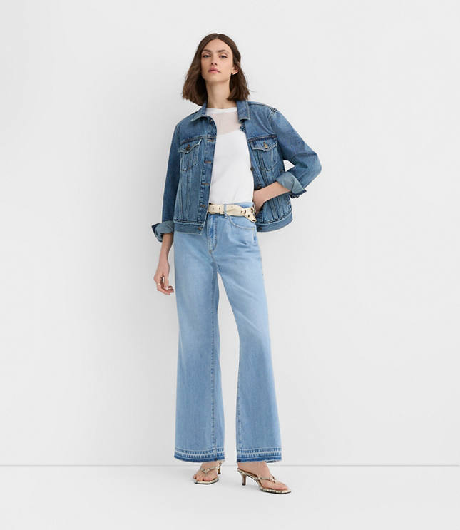 Rivete Petite Unpicked Mid Rise Wide Leg Jeans in Vintage Light Wash