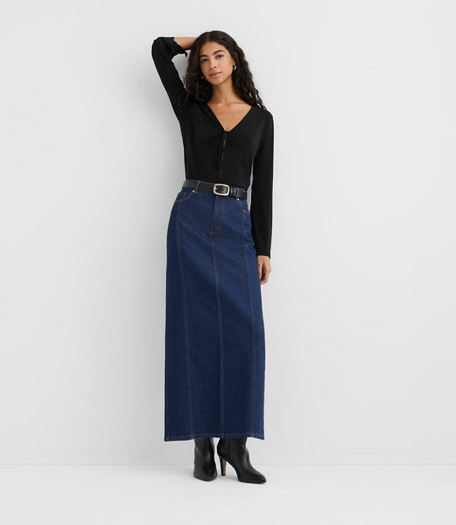 Rivete Petite Seamed Denim Maxi Skirt in Nova Wash