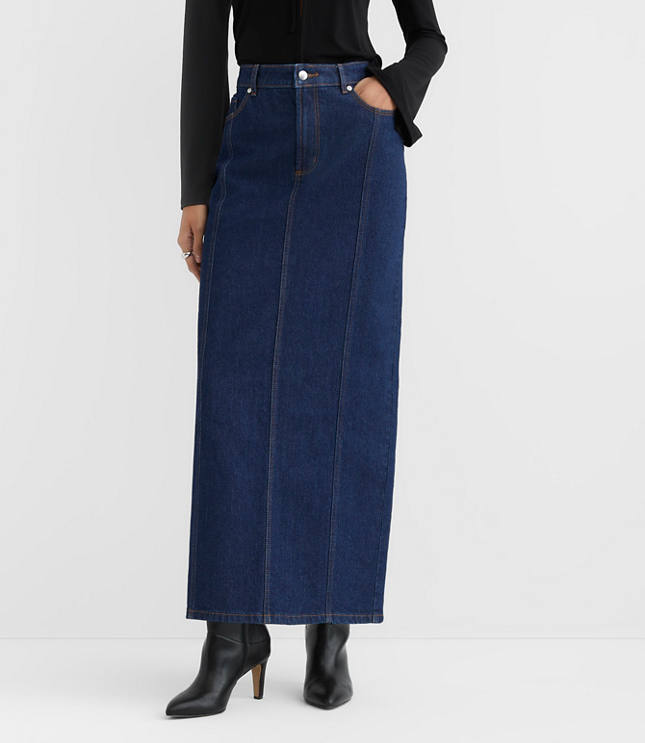 Rivete Petite Seamed Denim Maxi Skirt in Nova Wash