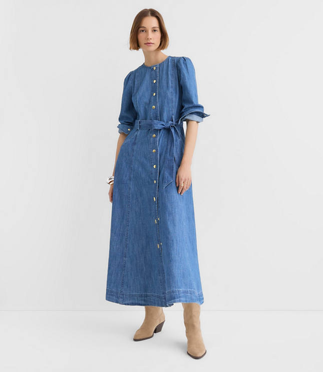 Chambray Balloon Sleeve Midi Pocket Dress