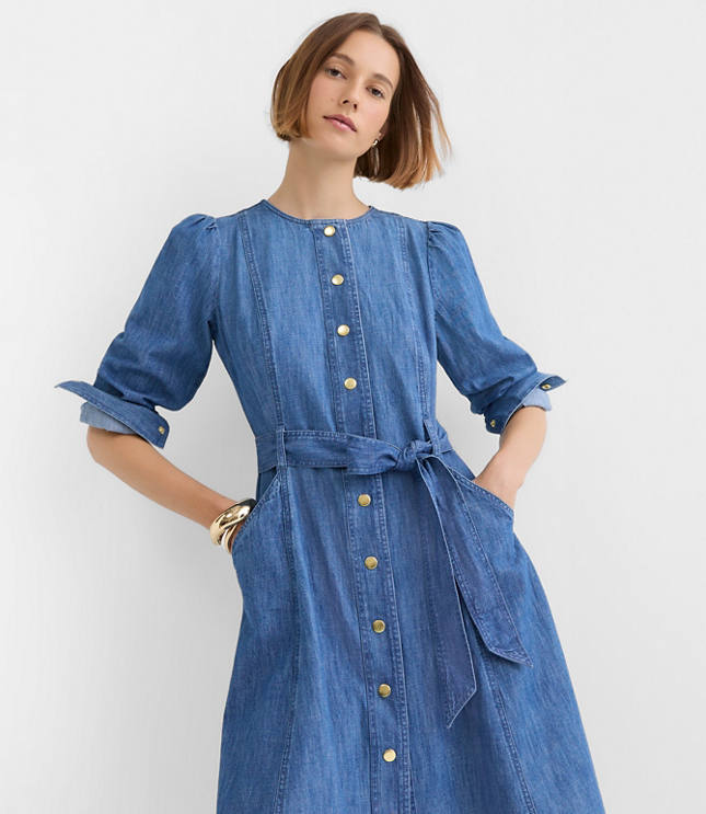 Chambray Balloon Sleeve Midi Pocket Dress
