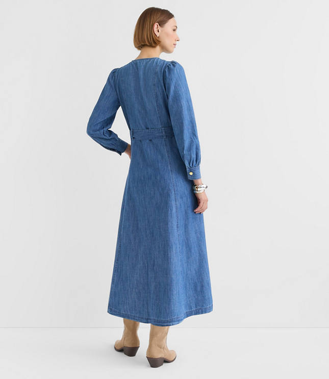 Chambray Balloon Sleeve Midi Pocket Dress