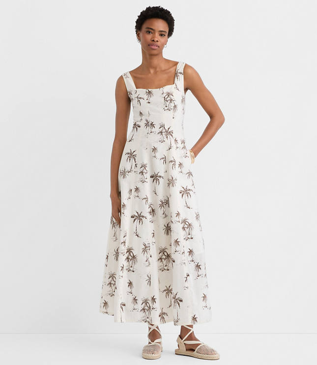 Palm Linen Cotton Seamed Midi Pocket Dress