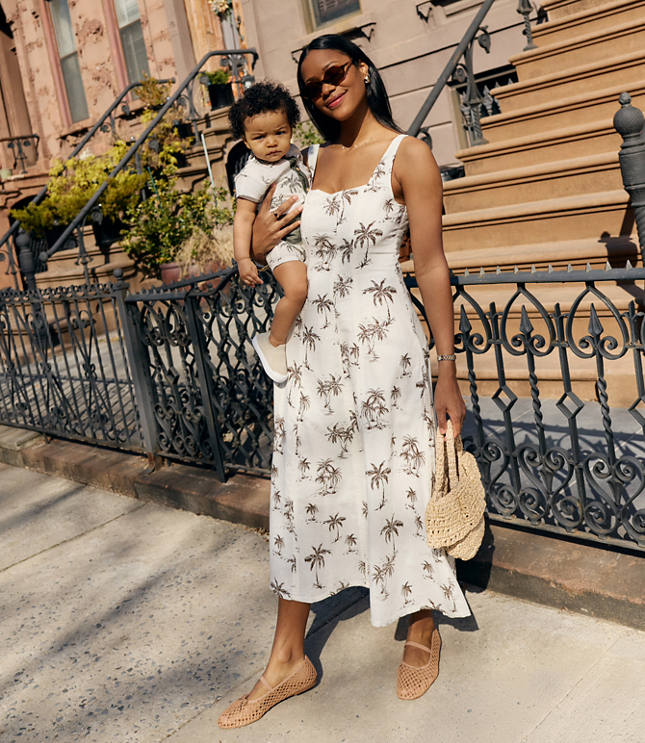 Palm Linen Cotton Seamed Midi Pocket Dress