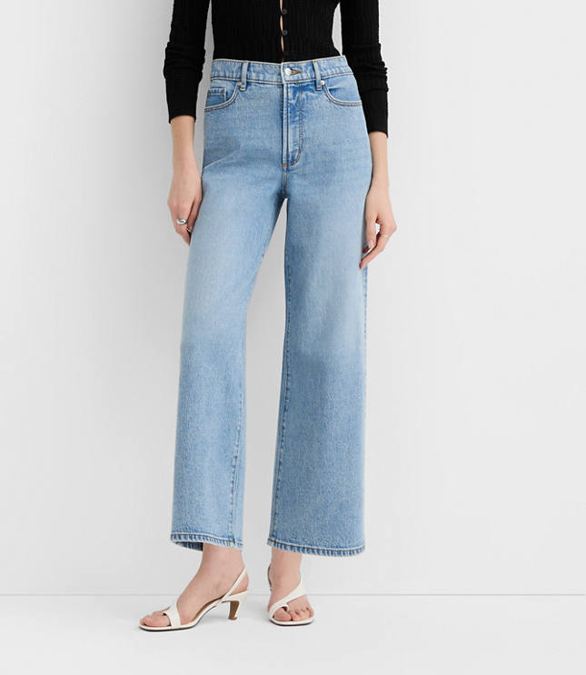 Rivete Petite High Rise Wide Leg Crop Jeans in Mid Wash
