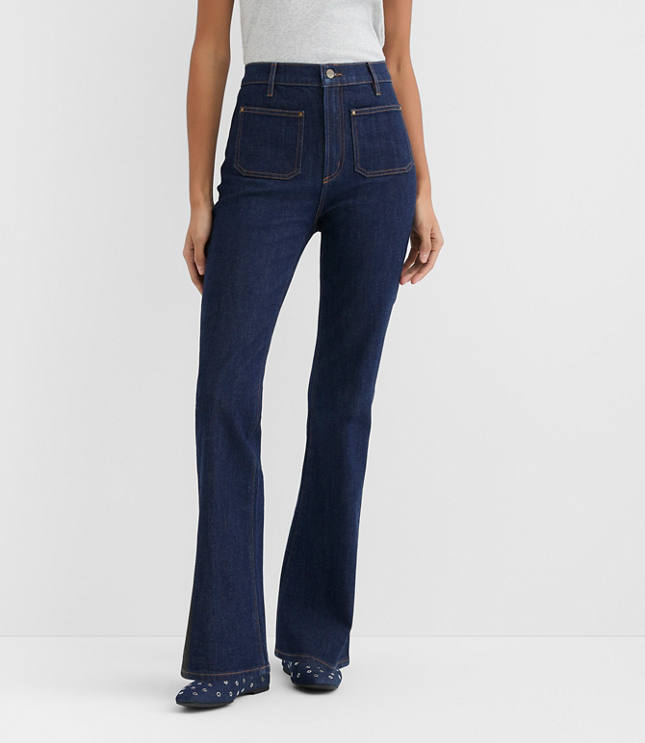 Rivete Petite Patch Pocket High Rise Slim Flare Jeans in Classic Rinse Wash