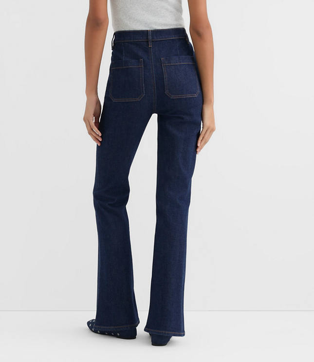 Rivete Petite Patch Pocket High Rise Slim Flare Jeans in Classic Rinse Wash