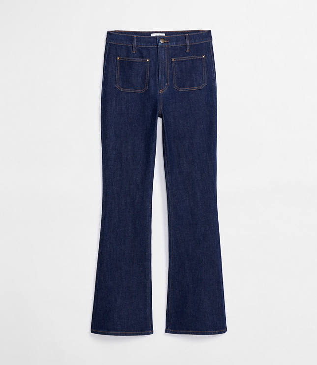 Rivete Petite Patch Pocket High Rise Slim Flare Jeans in Classic Rinse Wash