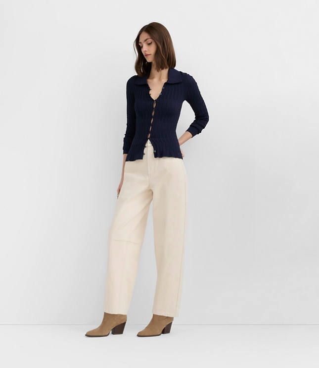 Rivete Petite Seamed High Rise Barrel Jeans in Ivory
