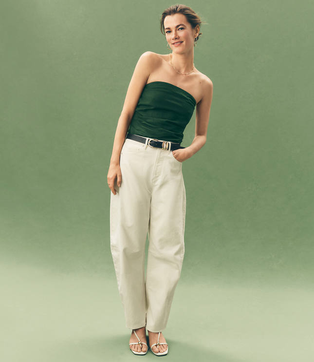 Rivete Petite Seamed High Rise Barrel Jeans in Ivory