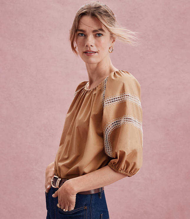 Embroidered Poplin Puff Sleeve Blouse