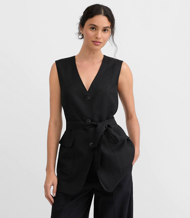 Petite Linen Blend Belted Pocket Vest