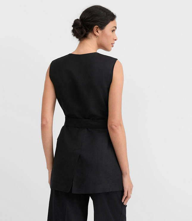 Petite Linen Blend Belted Pocket Vest