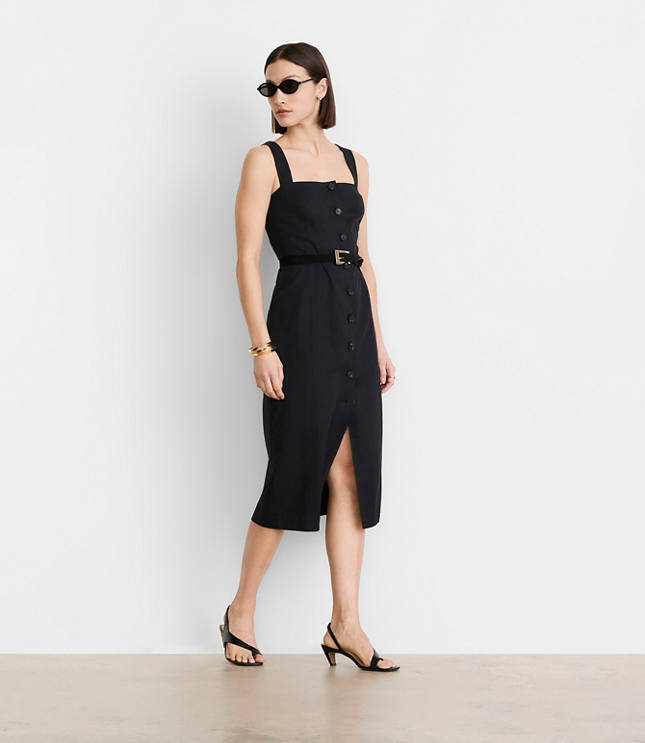 Petite LOFT Versa Pure Spun Strappy Button Midi Dress