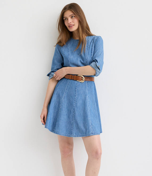 Chambray Seamed Barrel Sleeve Mini Dress