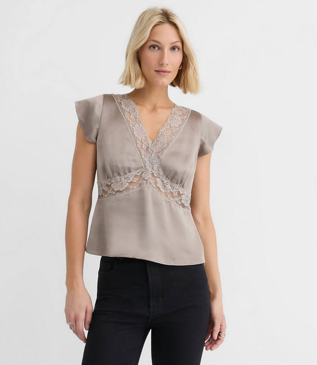 Petite Floral Lace Satin V-Neck Top