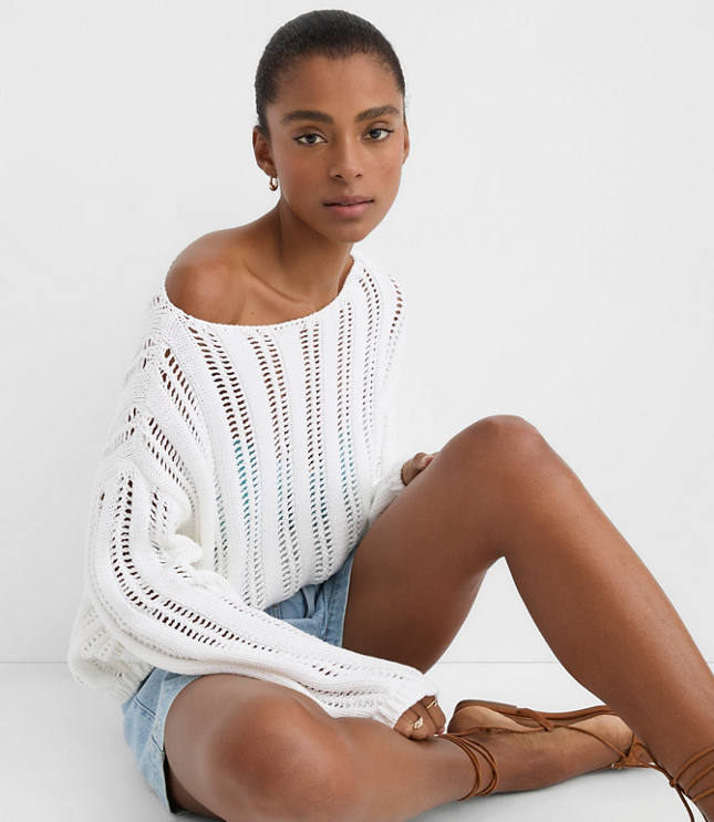 LOFT Beach Striped Open Stitch Boatneck Sweater