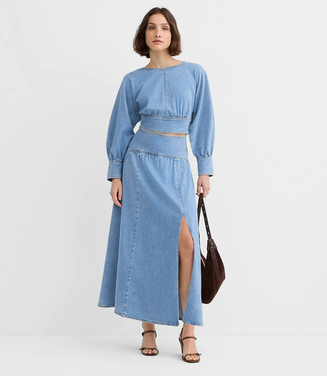 Petite Yoke Full Denim Maxi Skirt in Light Wash Indigo