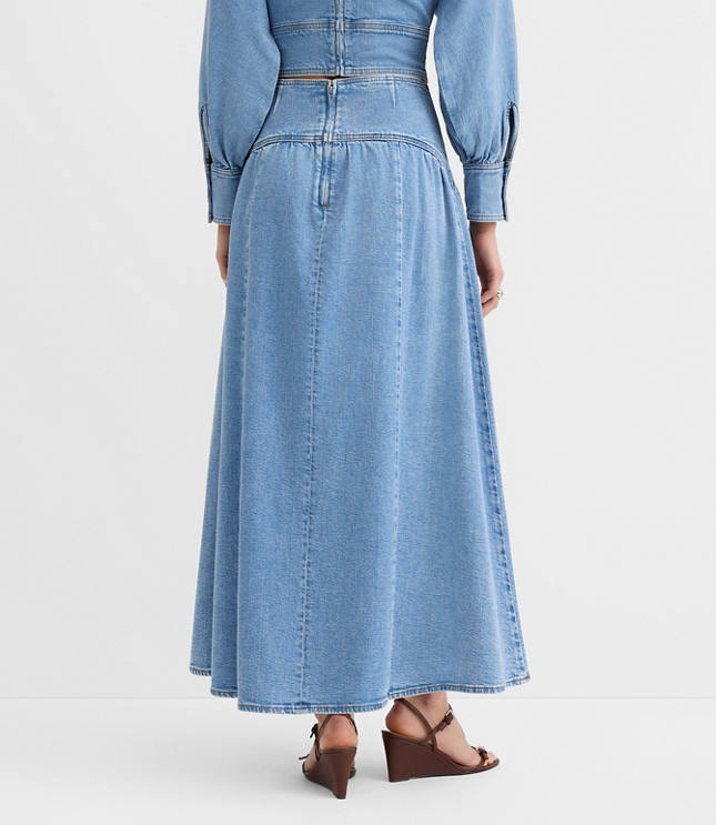 Petite Yoke Full Denim Maxi Skirt in Light Wash Indigo
