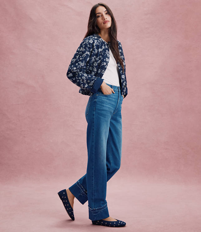 Rivete Petite Unpicked Cuffed High Rise Straight Jeans in Authentic Indigo