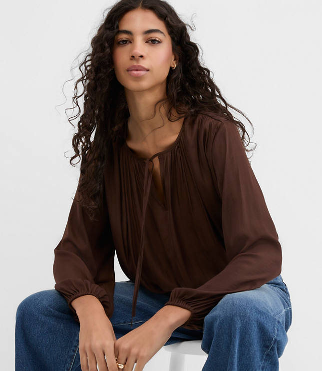 Shirred Tie Neck Bubble Blouse