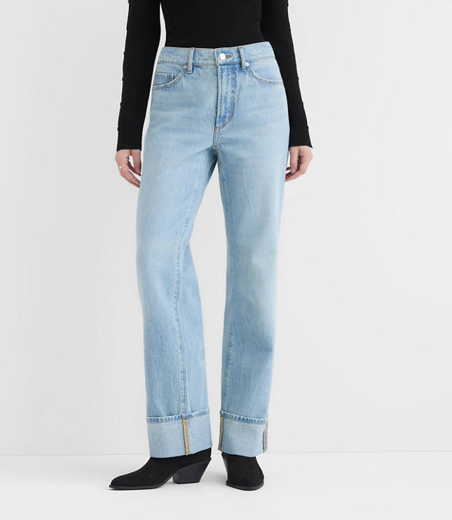 Rivete Tall Curvy Cuffed Mid Rise Relaxed Straight Jeans in Light Wash