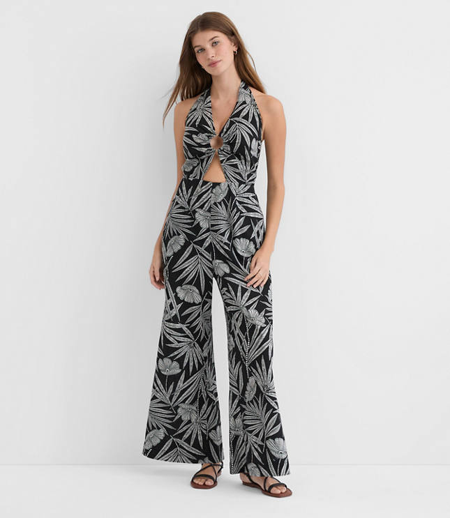 Petite LOFT Beach Palm Ring Halter Linen Cotton Jumpsuit