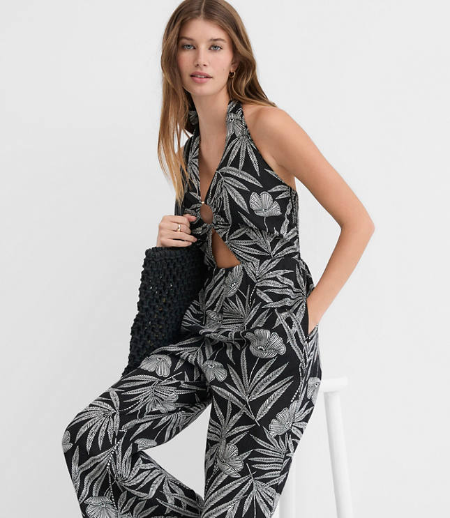 Petite LOFT Beach Palm Ring Halter Linen Cotton Jumpsuit