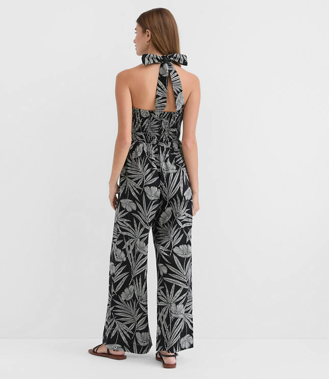 Petite LOFT Beach Palm Ring Halter Linen Cotton Jumpsuit