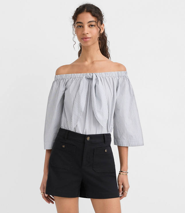 Striped Poplin Bow Off The Shoulder Top carousel Product Image 1