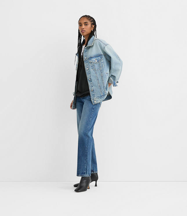 Petite Oversized Denim Trucker Jacket in Vintage Light Indigo Wash