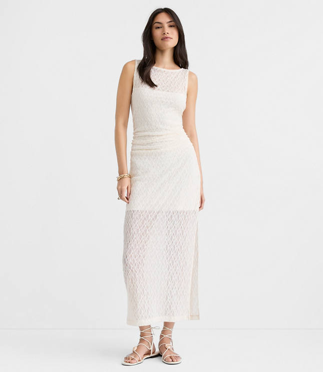 Lace Ruched Boatneck Midi Dress