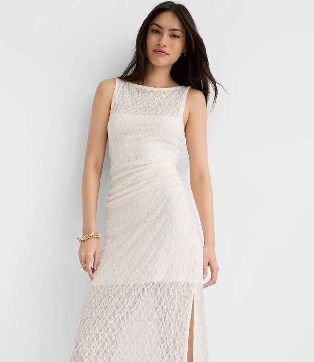 Lace Ruched Boatneck Midi Dress