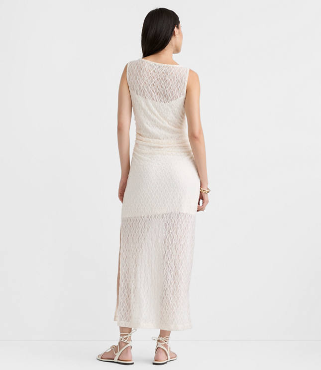 Lace Ruched Boatneck Midi Dress
