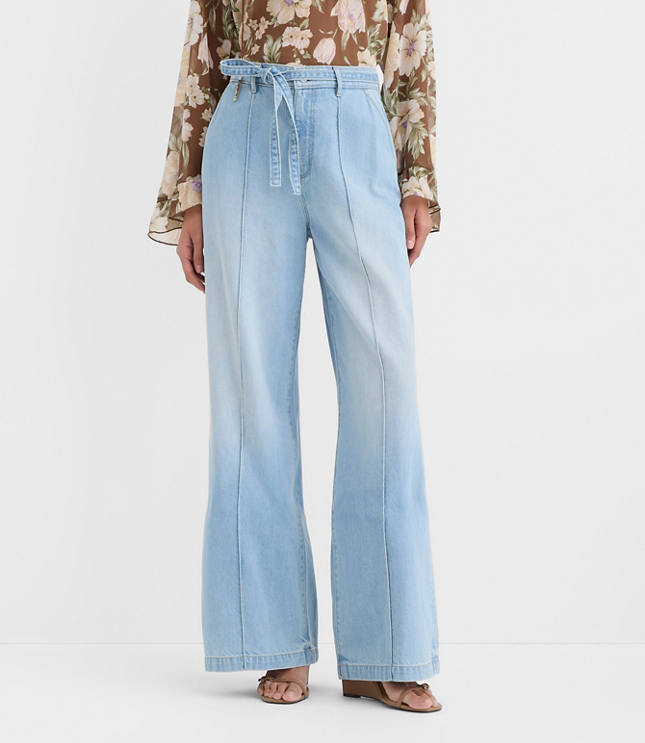 Tall Tie Waist High Rise Palazzo Jeans in Light Wash