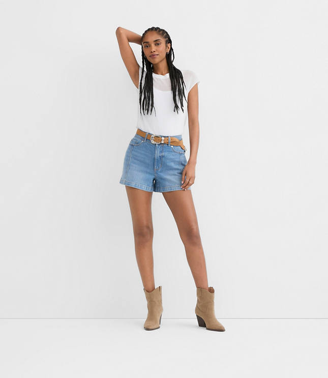 Rivete Tall Seamed High Rise Denim Shorts in Mid Wash