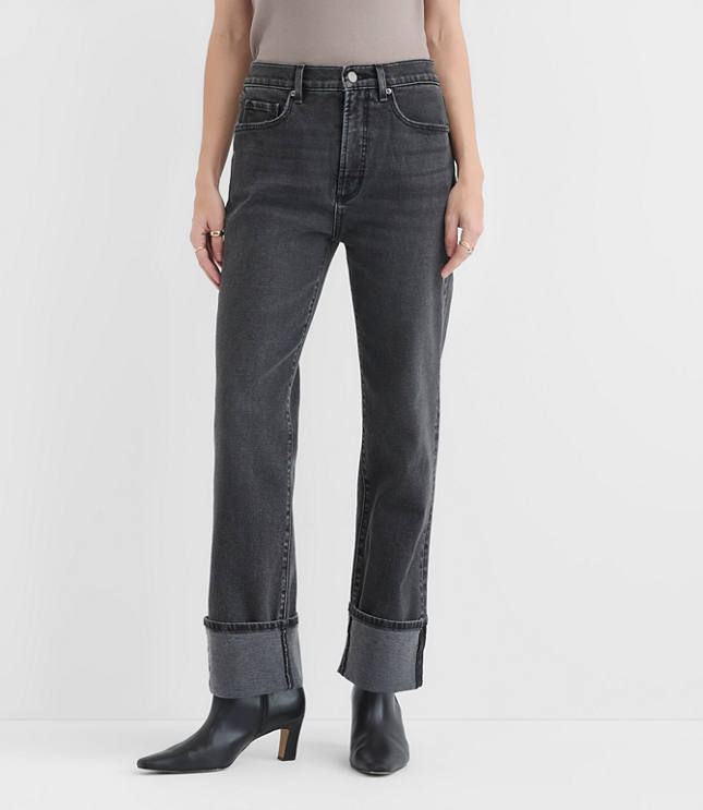Rivete Tall Curvy Cuffed High Rise Straight Jeans in Noir Wash