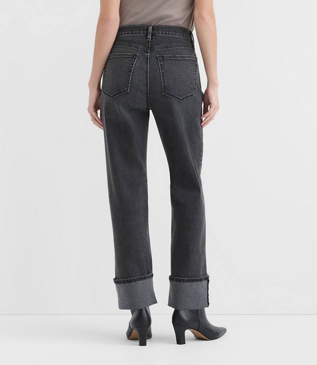 Rivete Tall Curvy Cuffed High Rise Straight Jeans in Noir Wash