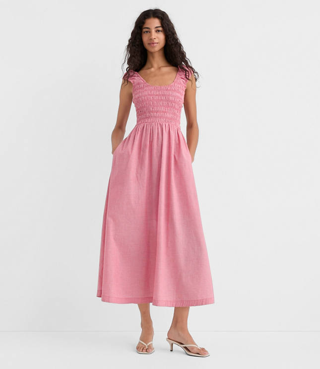 Gingham Smocked Cap Sleeve Midi Pocket Dress