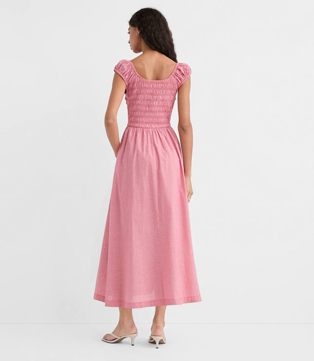 Gingham Smocked Cap Sleeve Midi Pocket Dress