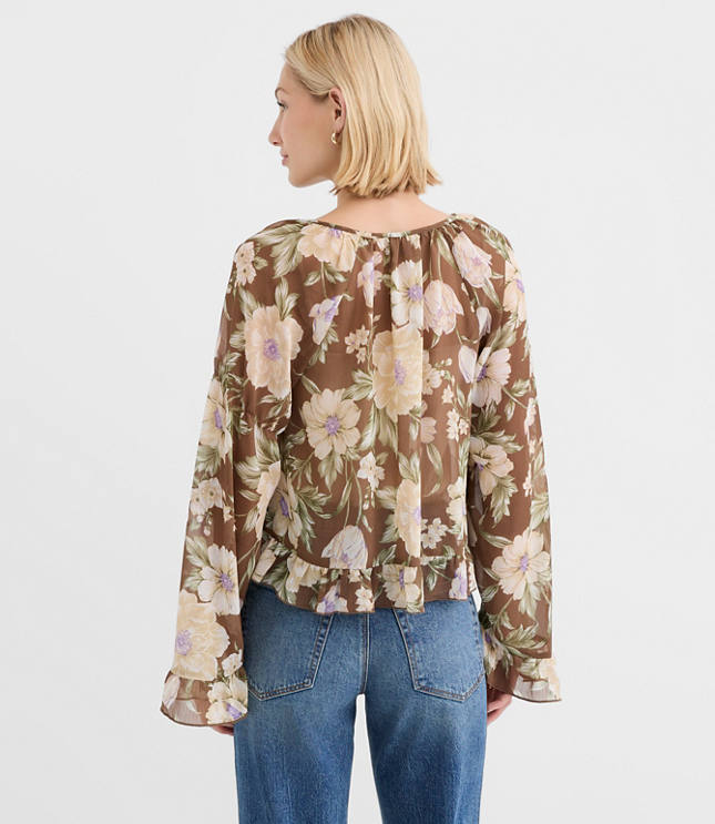 Petite Floral Tie Neck Bell Sleeve Blouse