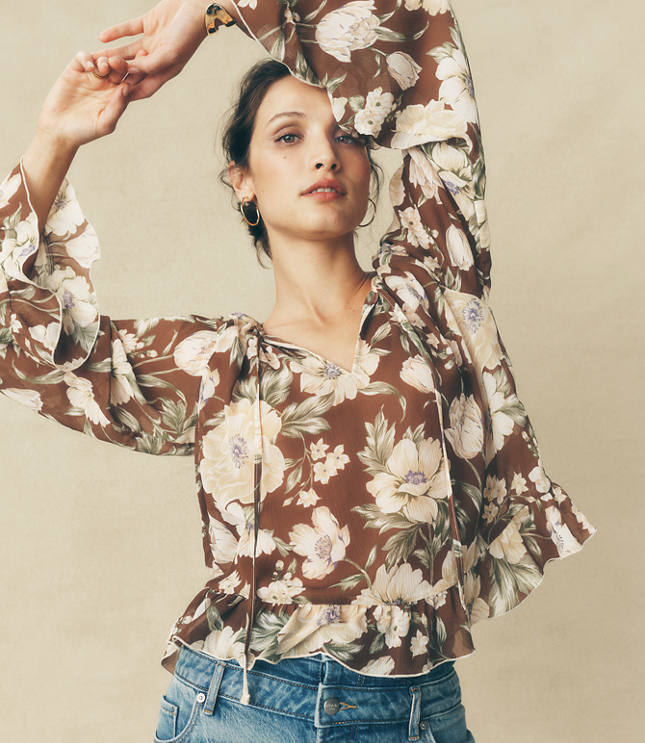 Petite Floral Tie Neck Bell Sleeve Blouse