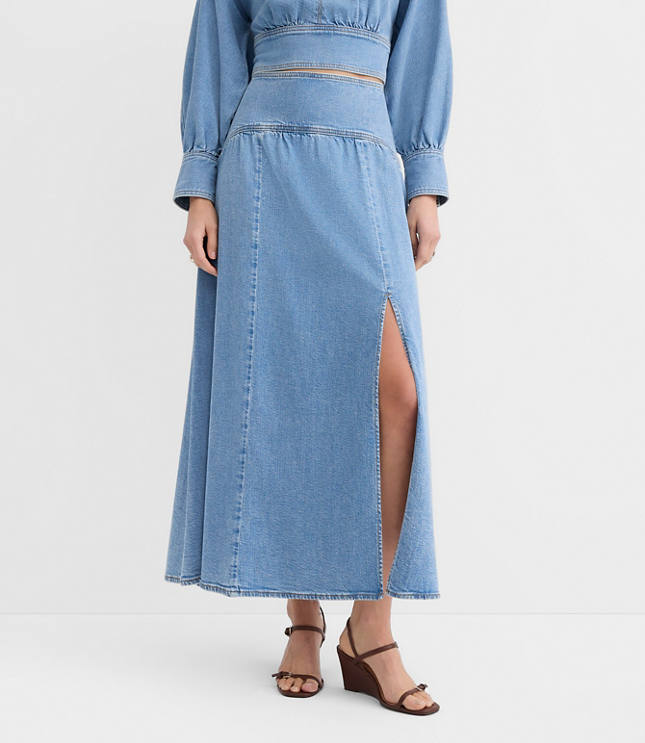Tall Yoke Full Denim Maxi Skirt in Light Wash Indigo