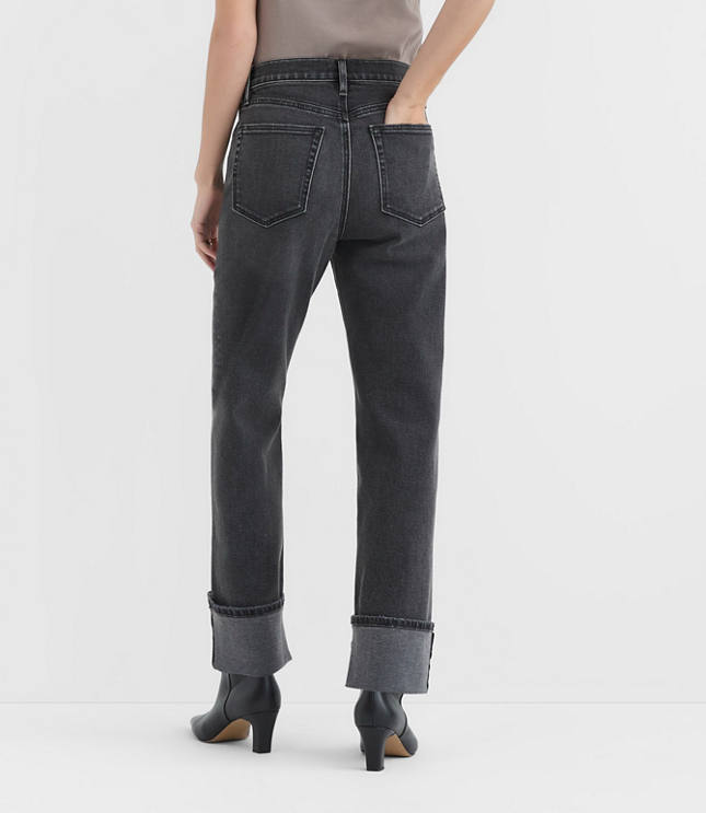 Rivete Tall Cuffed High Rise Straight Jeans in Noir Wash