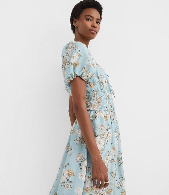 Petite Floral Ruffle Tie Neck Smocked Midi Dress