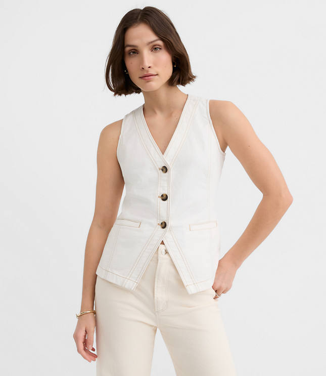 Petite Denim Pocket Vest in Ivory